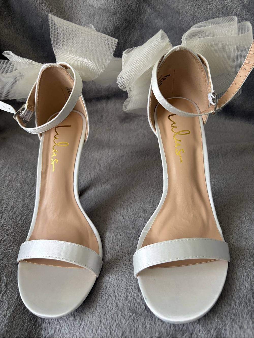 Lulu's White Ankle-Strap Heeled Sandals with Tulle Bows - 7.5 Bridal Glam